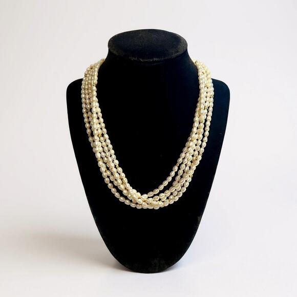Vintage 5 Strand Faux Pearl Necklace-Rice Beads-Gold Tone Clasp-Multi-Choker-80s - Picture 7 of 7